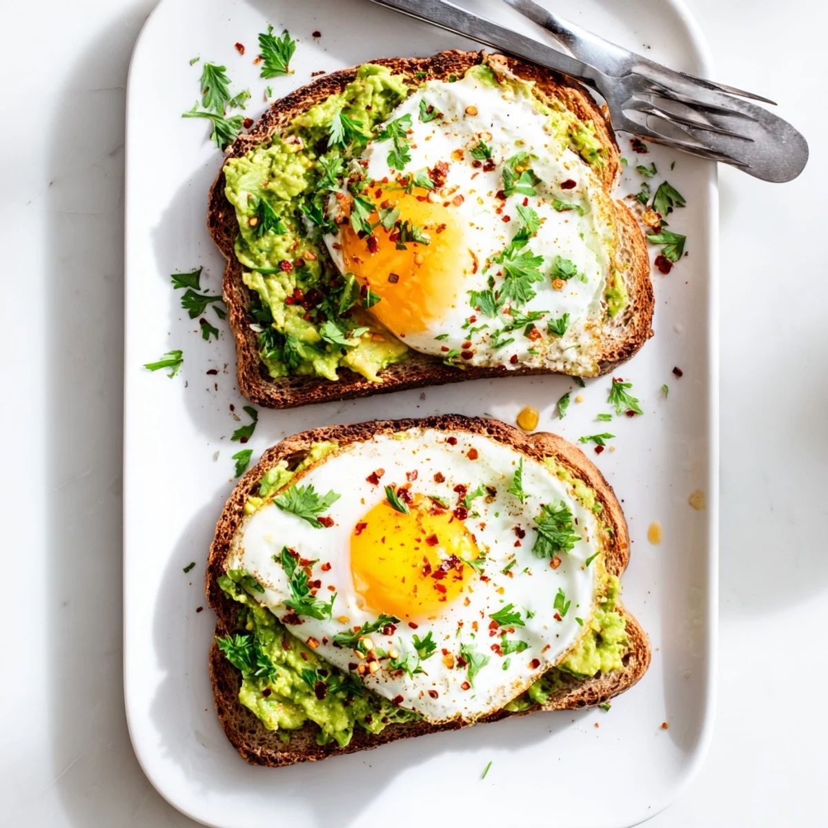 Breakfast toast featuring mashed ripe avocado, poached egg, and drizzle of olive oil