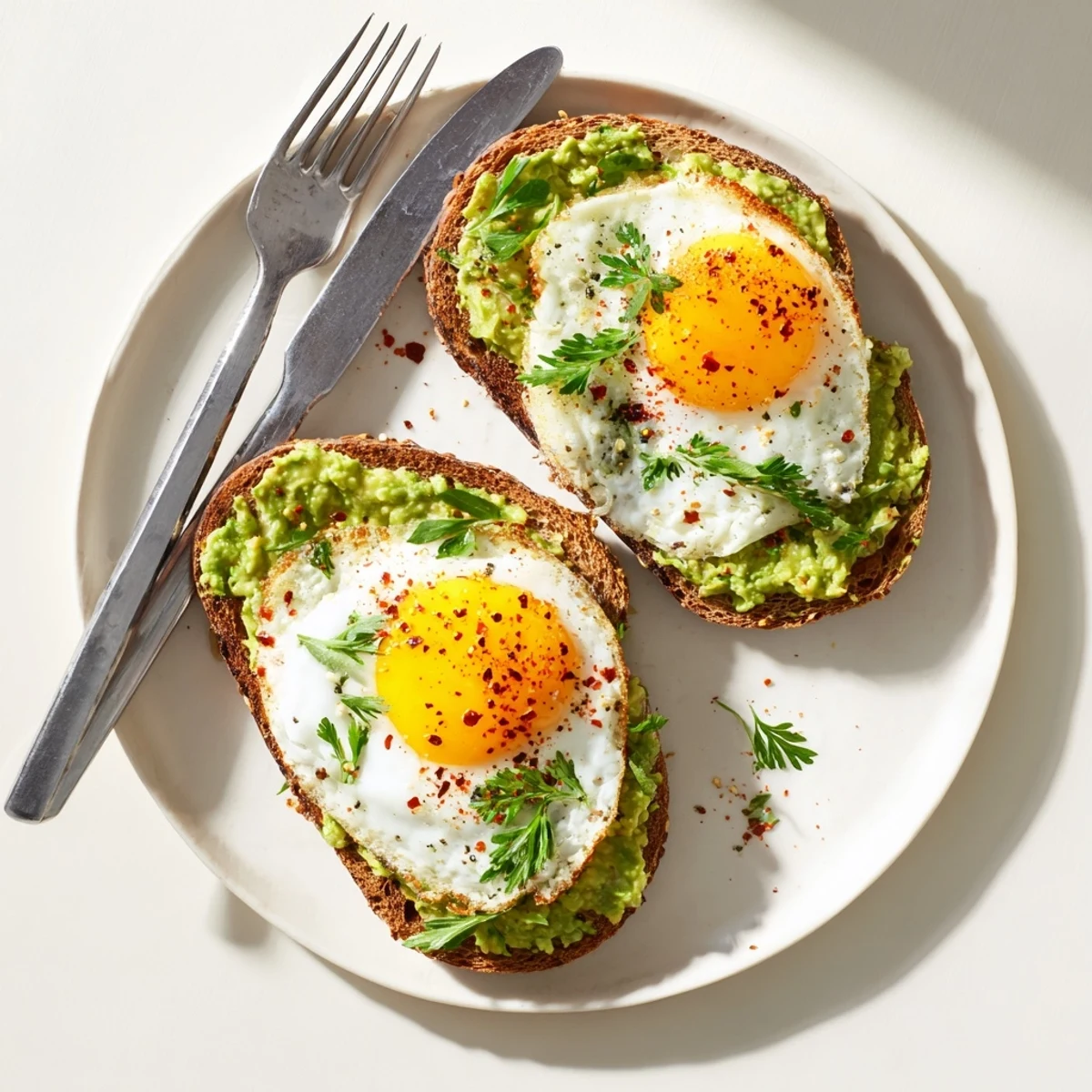 Slices of sourdough topped with smashed avocado, sunny-side-up egg, and fresh herb garnish