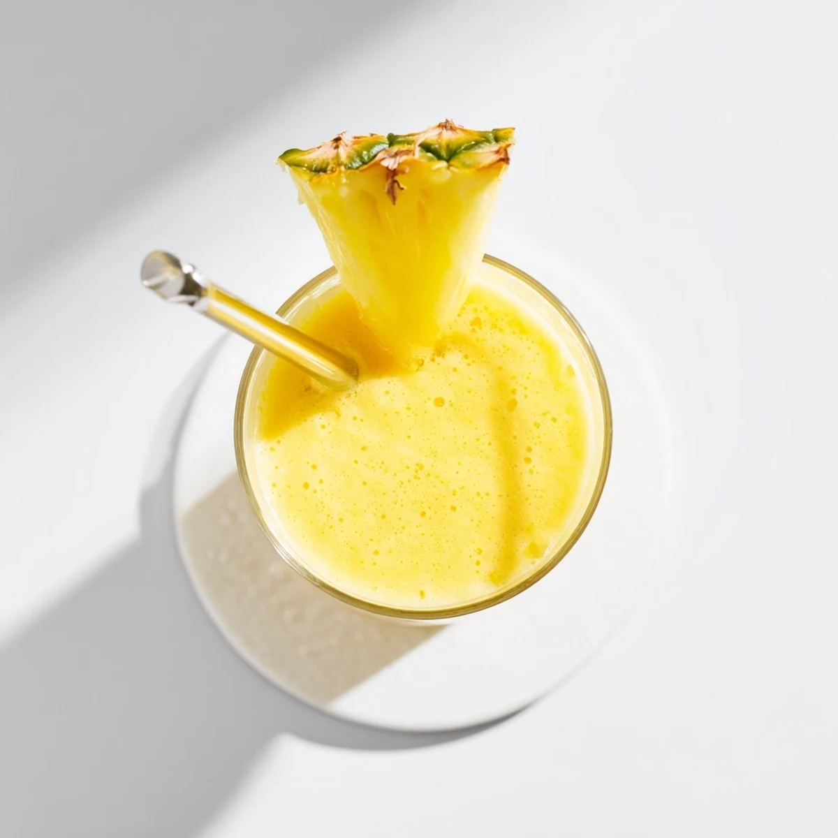 Creamy blended pineapple mango smoothie recipe poured into a tall glass topped with mint leaf