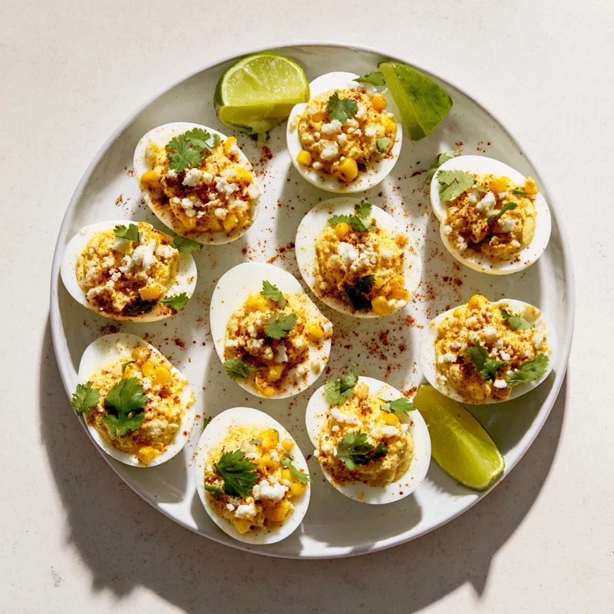 Golden Mexican Street Corn Deviled Eggs topped with crumbled cotija cheese and fresh cilantro