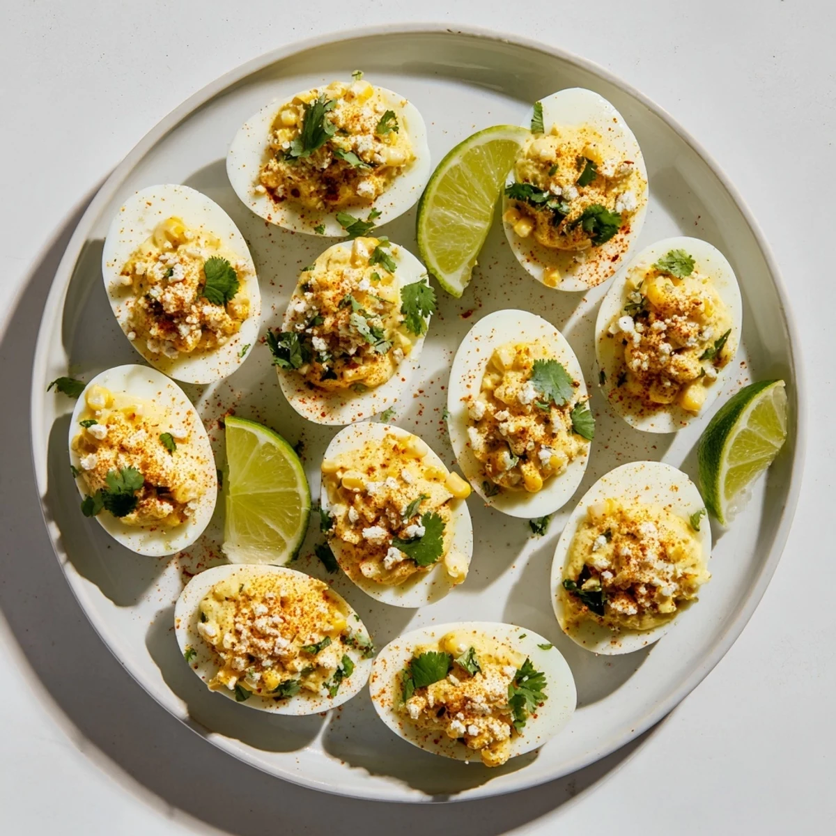 Creamy zesty Mexican Street Corn Deviled Eggs garnished with chili powder and lime wedges