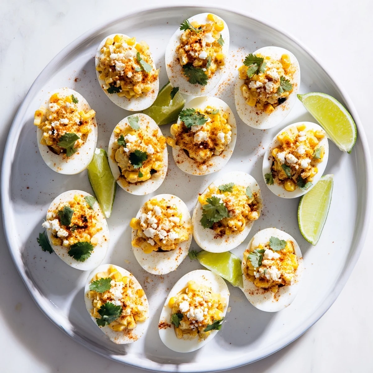 Charred corn filling stuffed inside Mexican Street Corn Deviled Eggs sprinkled with crumbly white cheese