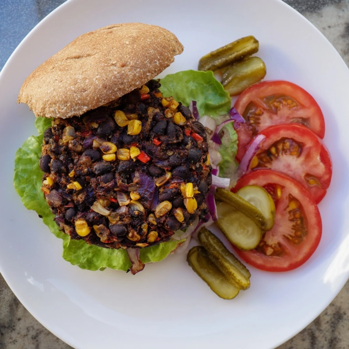 Golden brown veggie burgers recipe stacked on toasted buns with fresh lettuce and tomato