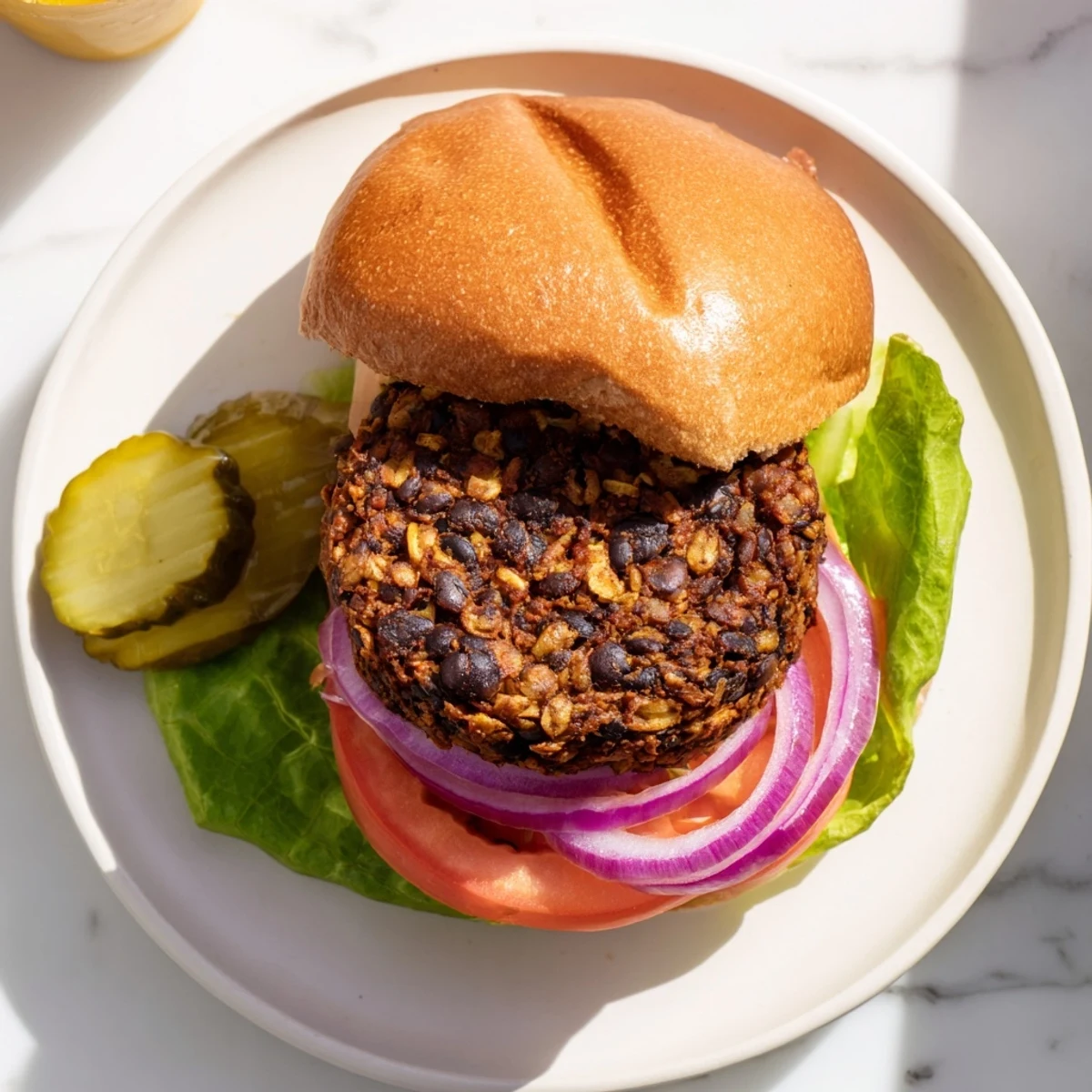 Homemade veggie burgers recipe served on rustic wooden board with pickles and crispy fries