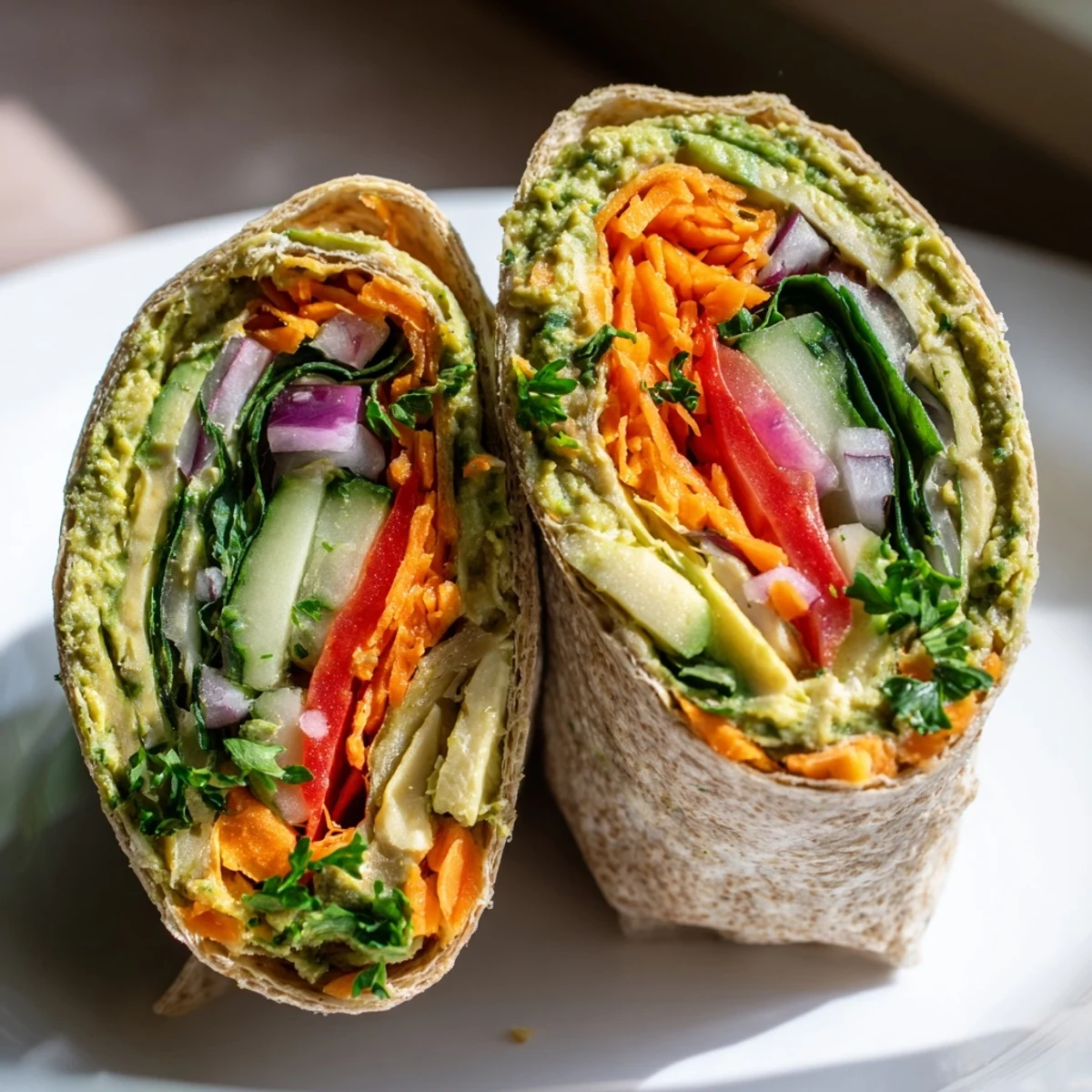 Golden whole wheat tortilla rolled with vibrant green spinach hummus and colorful fresh vegetables