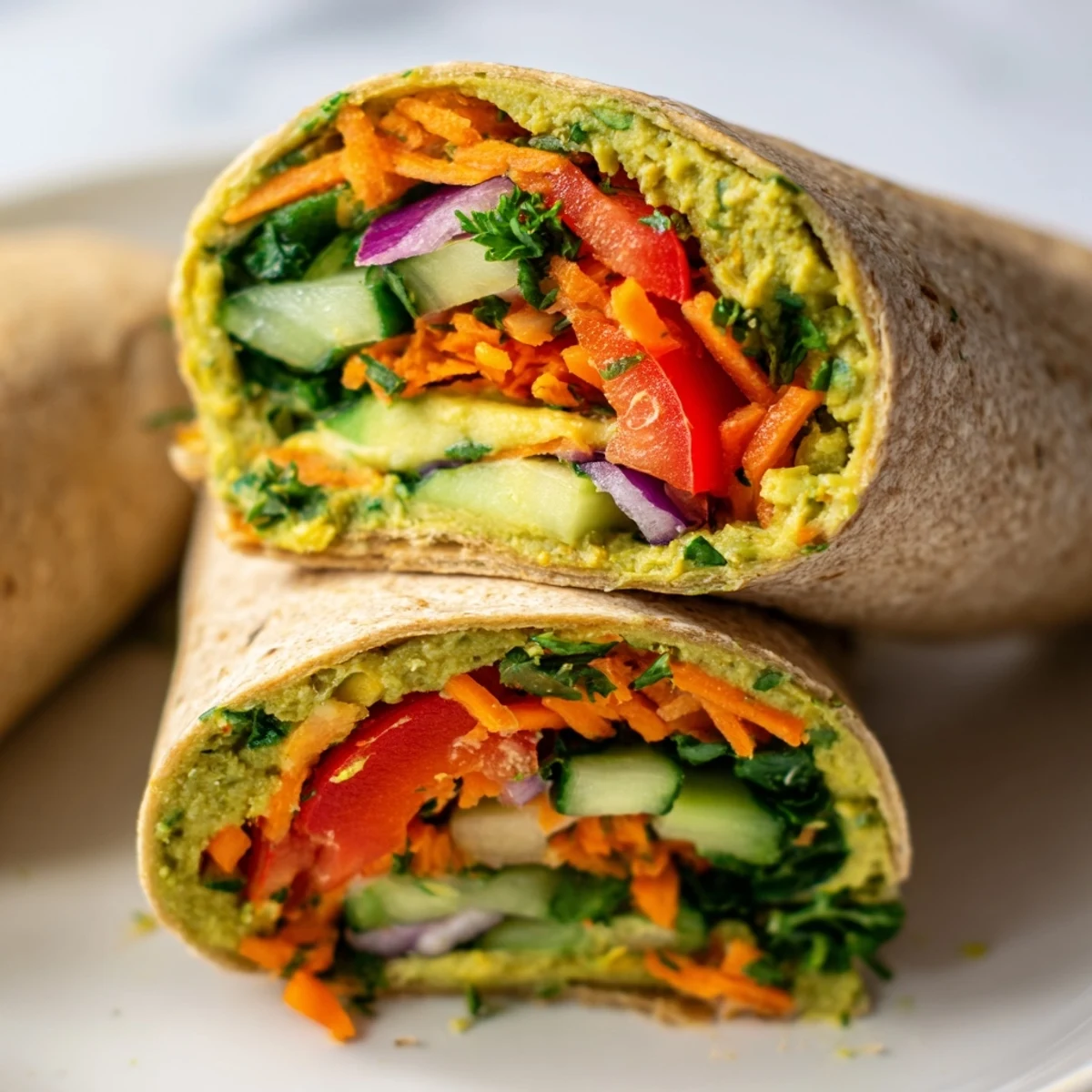 Slice of spinach hummus lunch wrap revealing layers of avocado, bell pepper, and shredded carrots