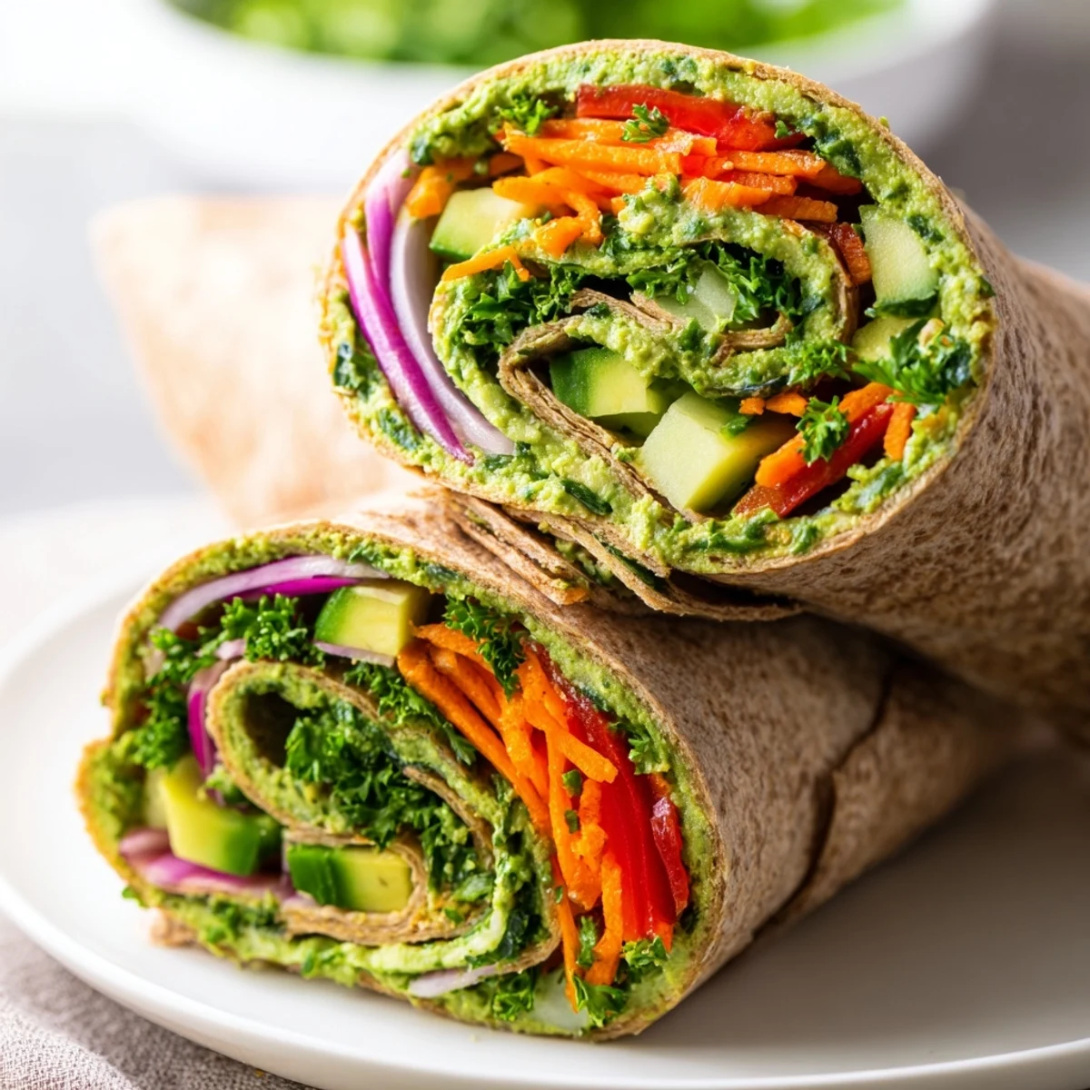 Mediterranean-style wrap featuring creamy spinach hummus spread with crisp cucumber and red onion filling