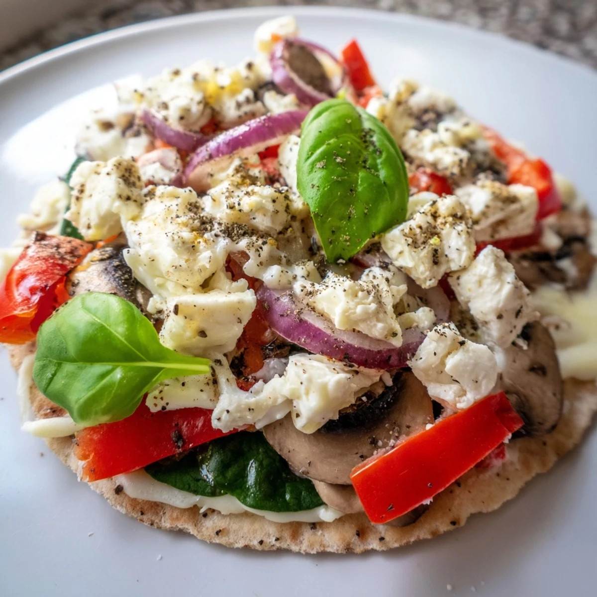 Heart-healthy low cholesterol pita pizza featuring fresh Mediterranean veggies and bubbling mozzarella on crisp whole wheat