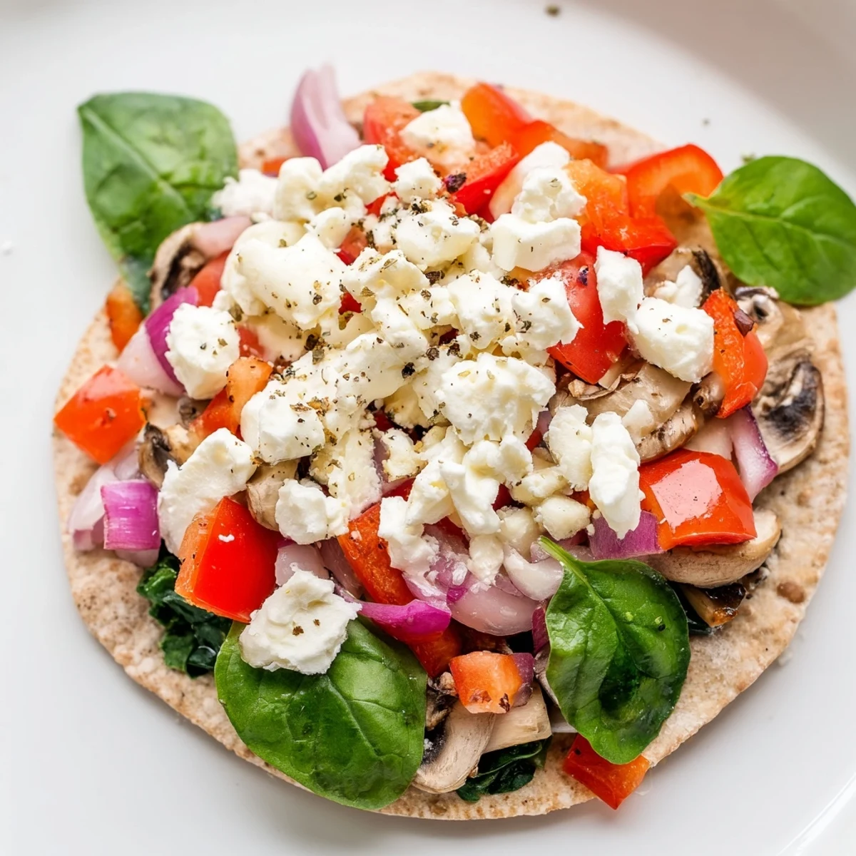 Golden low cholesterol pita pizza topped with colorful vegetables and melted cheese on whole wheat crust