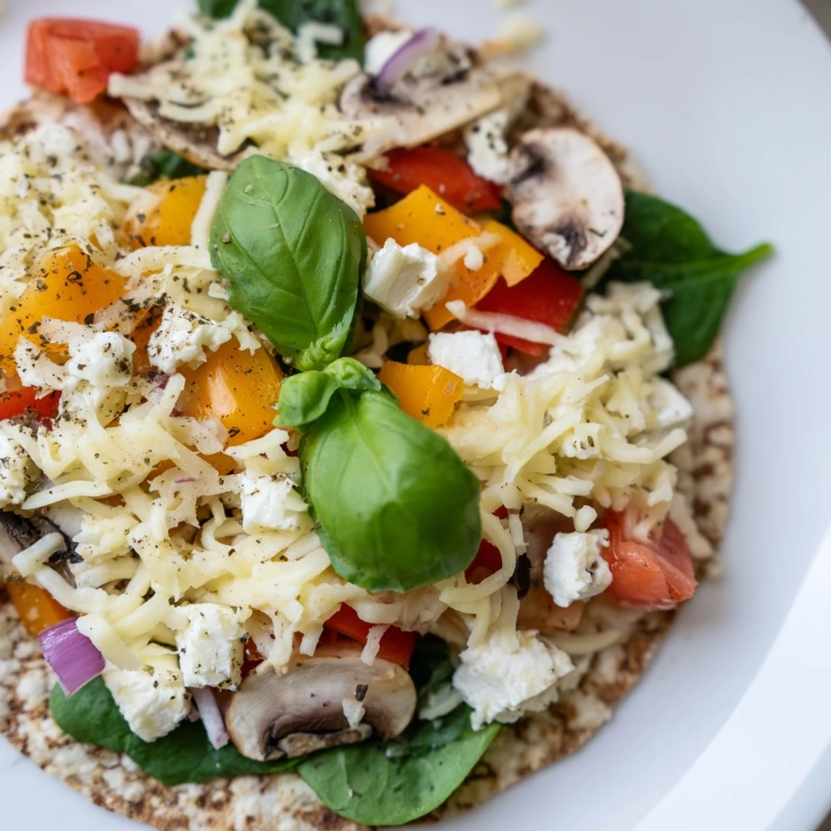 Baked low cholesterol pita pizza with vibrant bell peppers, tomatoes, spinach, and light cheese on whole wheat base