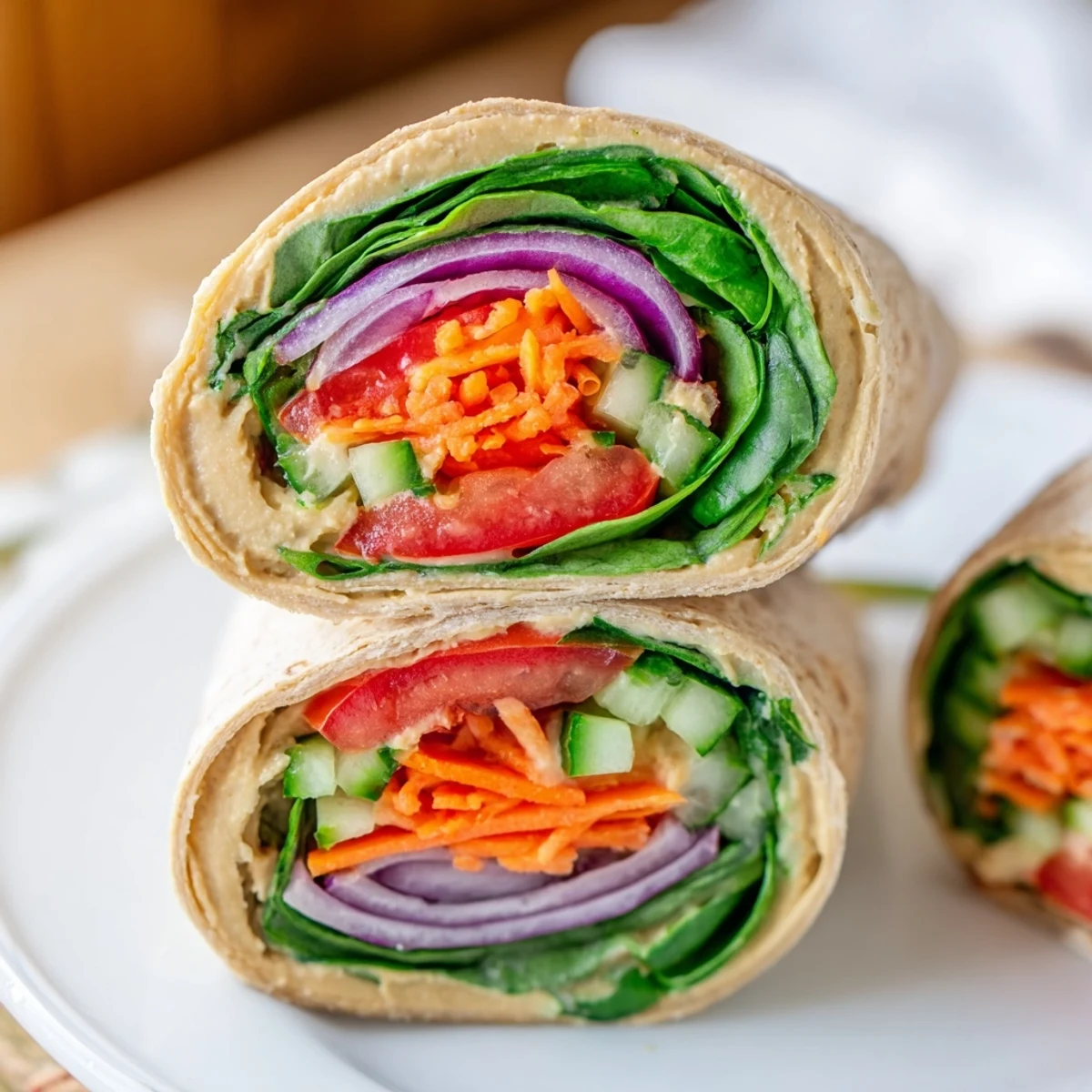 Golden brown hummus veggie wrap recipe sliced diagonally revealing colorful layered spinach carrots cucumber and bell pepper strips