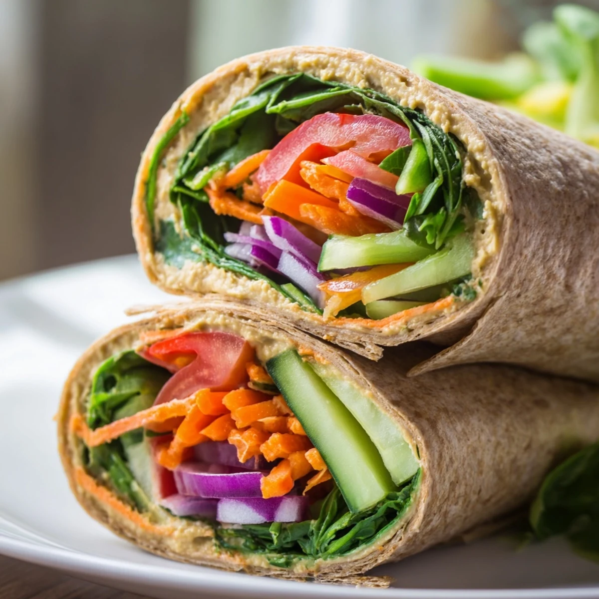 Whole wheat tortilla filled with creamy hummus and fresh crisp vegetables ready for healthy Mediterranean lunch