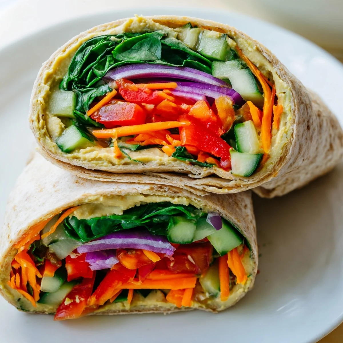 Vibrant hummus veggie wrap recipe packed with sliced vegetables greens and optional avocado for easy meal prep