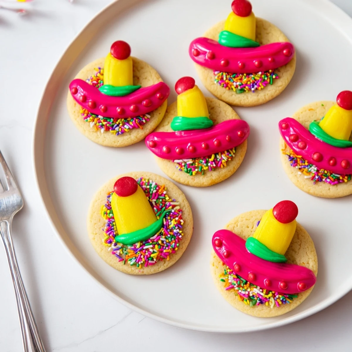 Festive Cinco De Mayo sombrero cookies decorated with colorful icing, gumdrops, and bright sprinkles on a white serving plate.