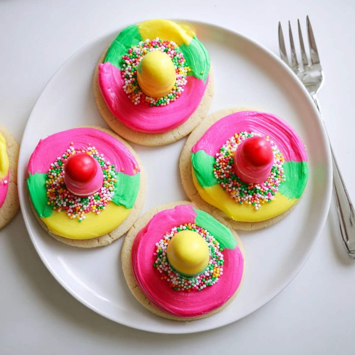 Mexican sombrero-shaped sugar cookies topped with vibrant frosting and round candy accents, perfect for Cinco De Mayo celebrations.