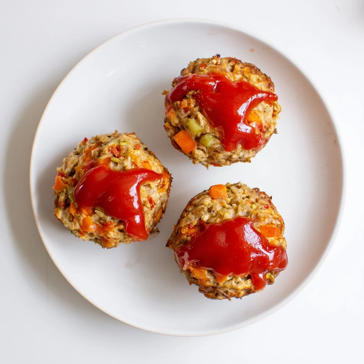 Golden glazed turkey meatloaf muffins topped with ketchup and baked in a muffin tin