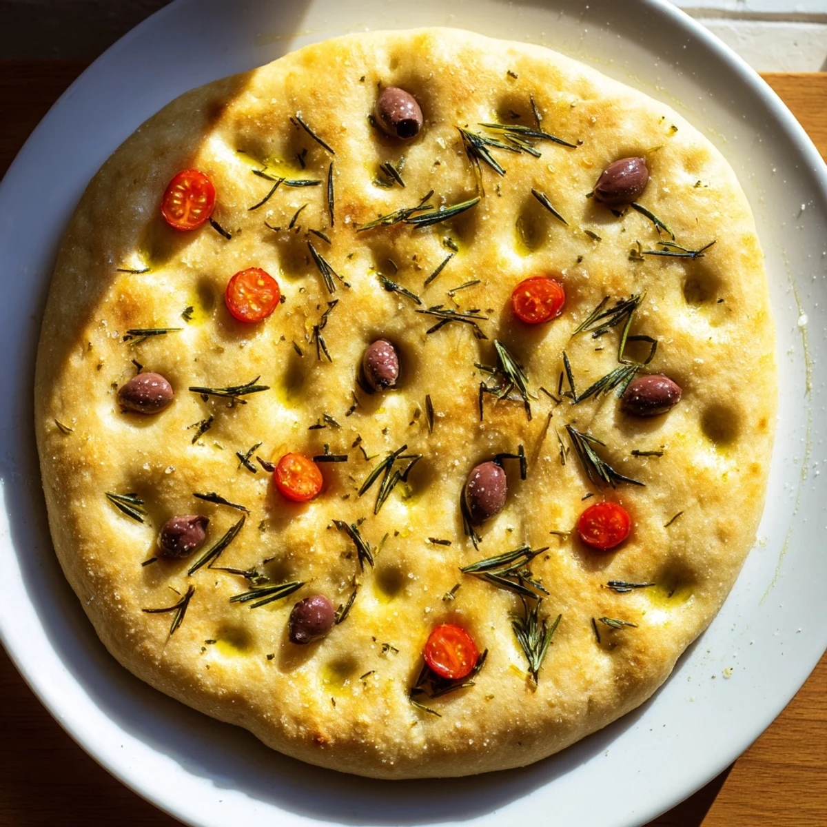 Golden homemade focaccia bread topped with fresh rosemary and sea salt on a wooden board