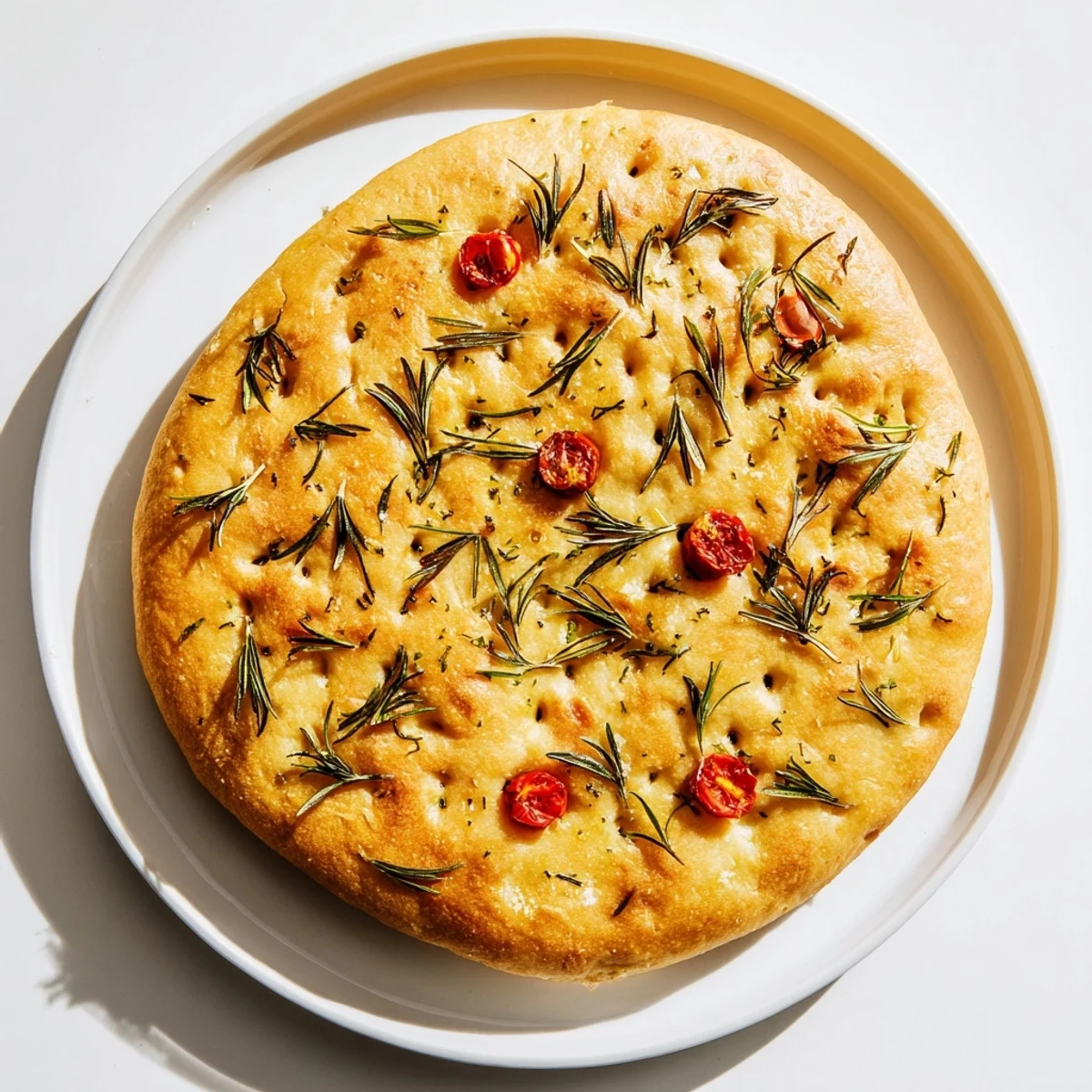 Rustic Italian focaccia with dimpled surface, fragrant olive oil, and flaky salt crystals