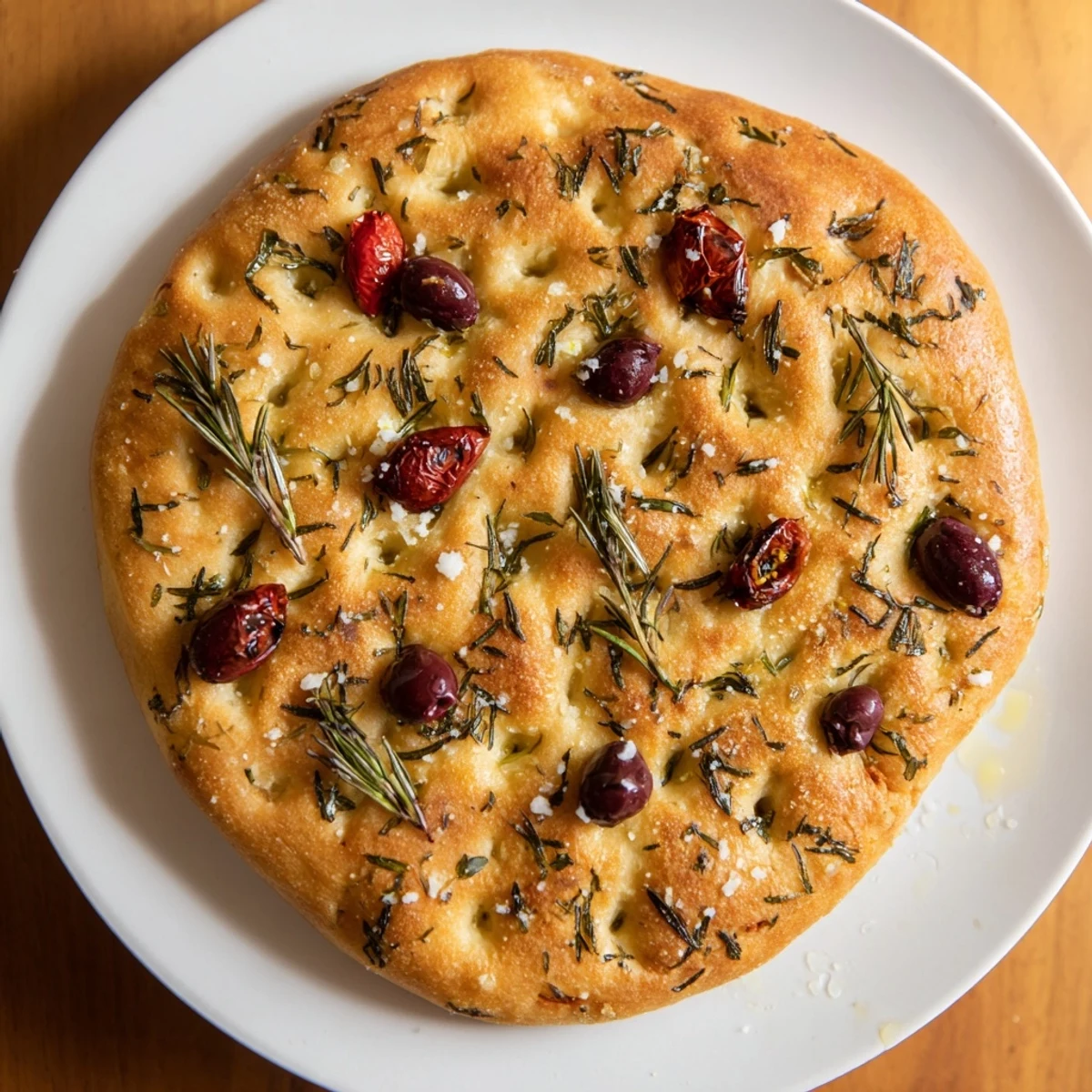 Warm focaccia flatbread scattered with herbs, ready for dipping into olive oil balsamic