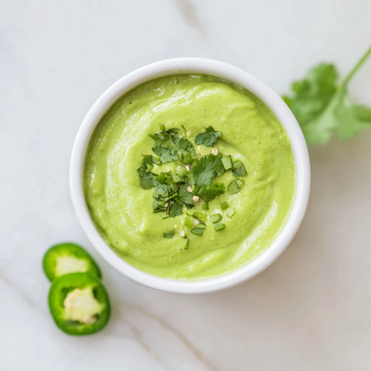 Vibrant bowl of homemade Peruvian green sauce aji verde with fresh cilantro and lime