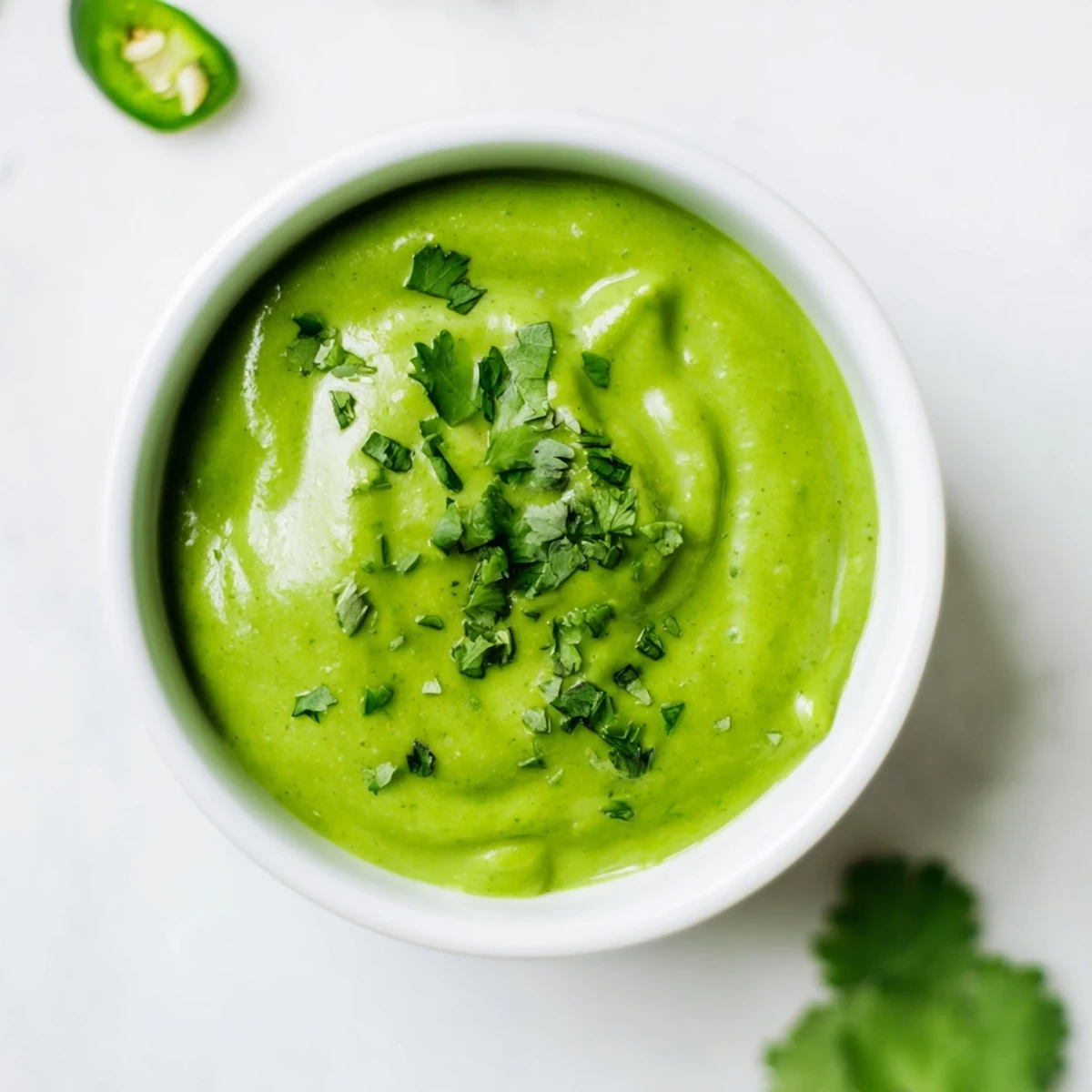 Spicy Peruvian green sauce aji verde dipping sauce served alongside crispy golden french fries