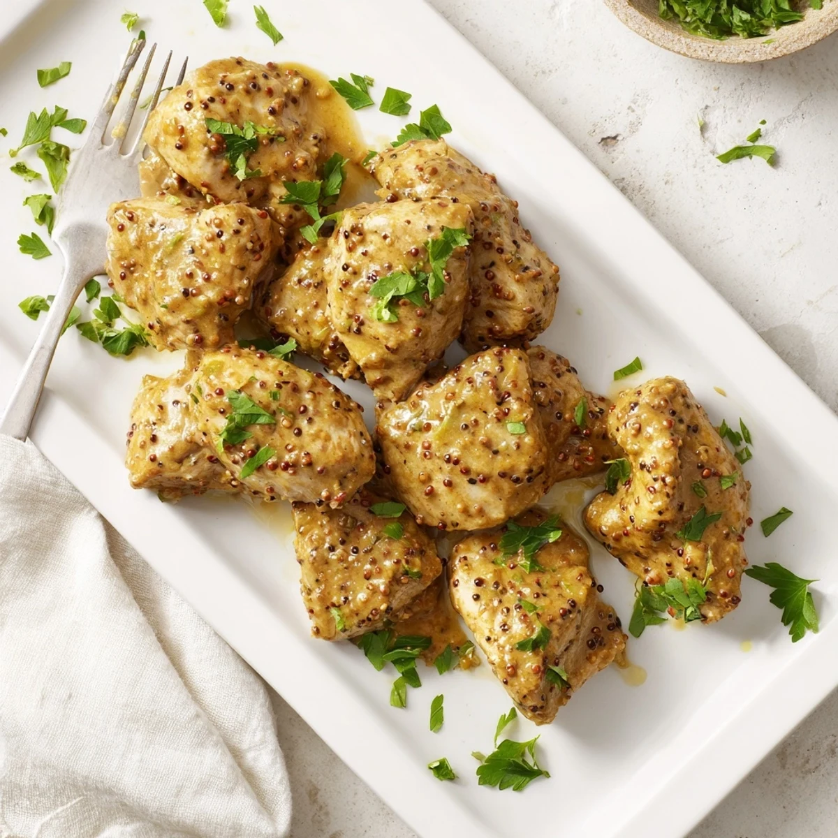 Golden glazed oven baked honey mustard chicken resting on a white serving platter with fresh parsley garnish