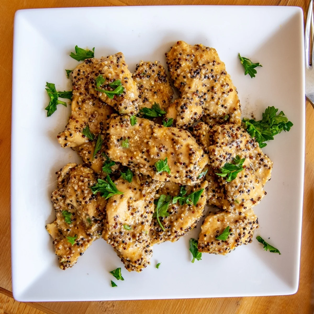 Juicy chicken breasts coated in sticky sweet honey mustard sauce fresh from the oven with caramelized edges
