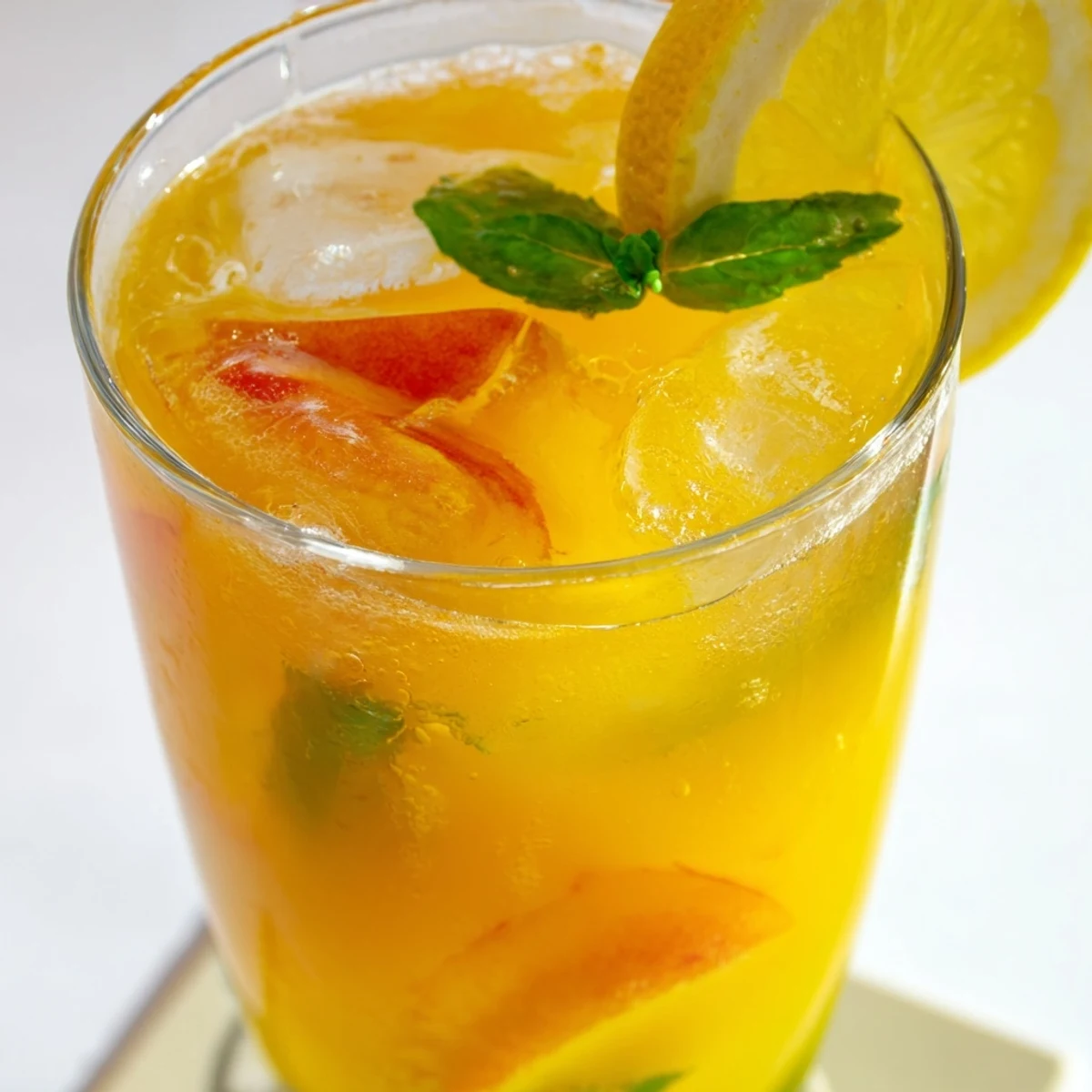 Tall glass of refreshing peach lemonade garnished with fresh mint and citrus wedges
