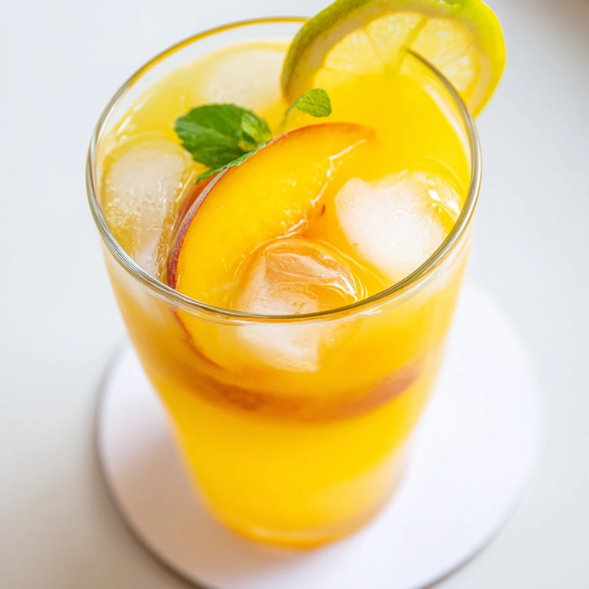 Golden fresh peach lemonade with floating peach slices, lemon wheels and ice cubes