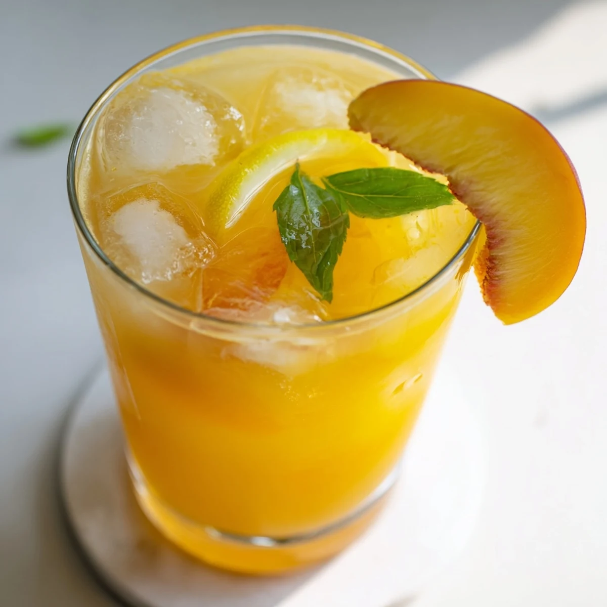 Summer peach lemonade drink served over ice with vibrant fruit garnish on wooden table
