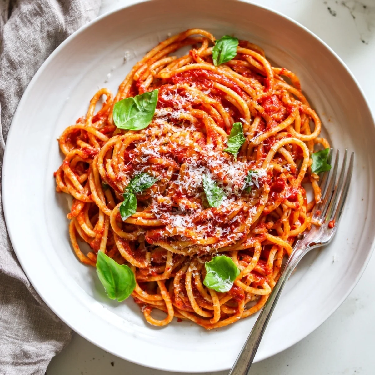 Savory pasta tossed in homemade tomato sauce with fresh basil and Parmesan garnish