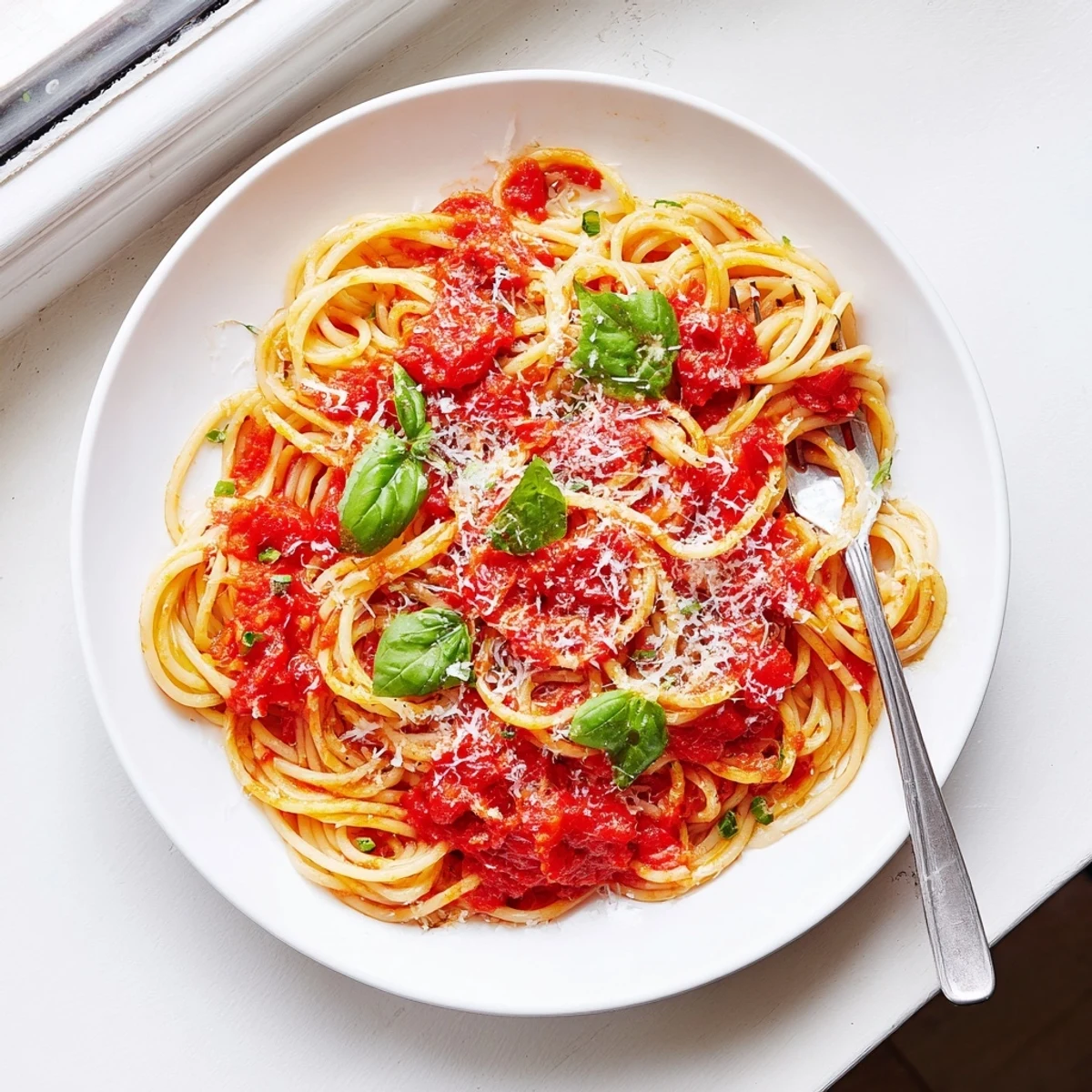 Hearty bowl of pasta noodles swimming in aromatic tomato sauce with herbs and cheese