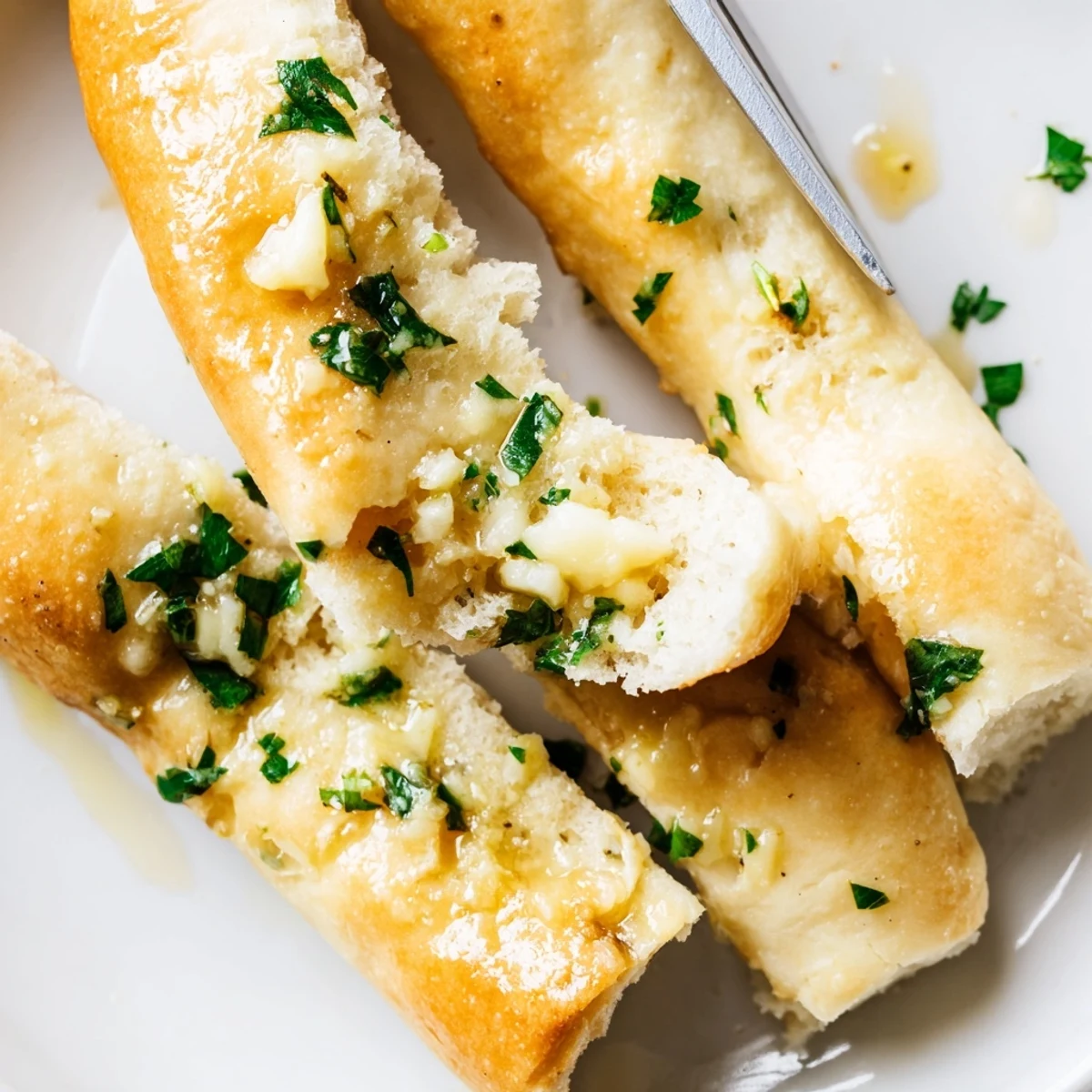 Golden homemade garlic breadsticks fresh from the oven, brushed with melted garlic butter and parsley.