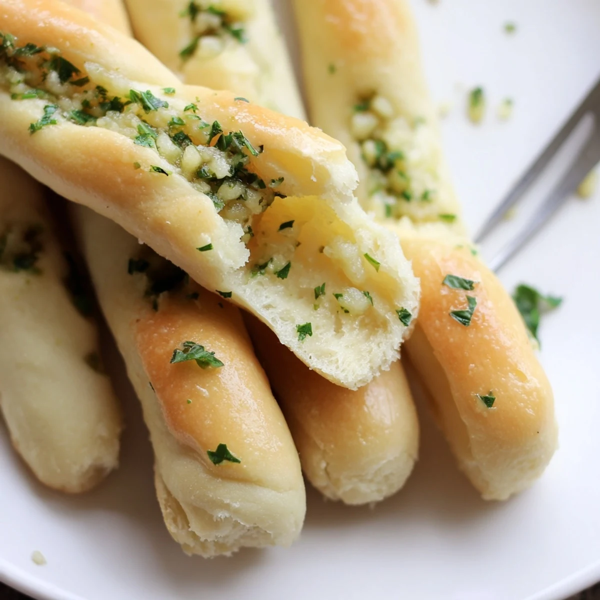 Warm fluffy garlic breadsticks glistening with buttery herb coating, ideal side for soup or pasta dinner.