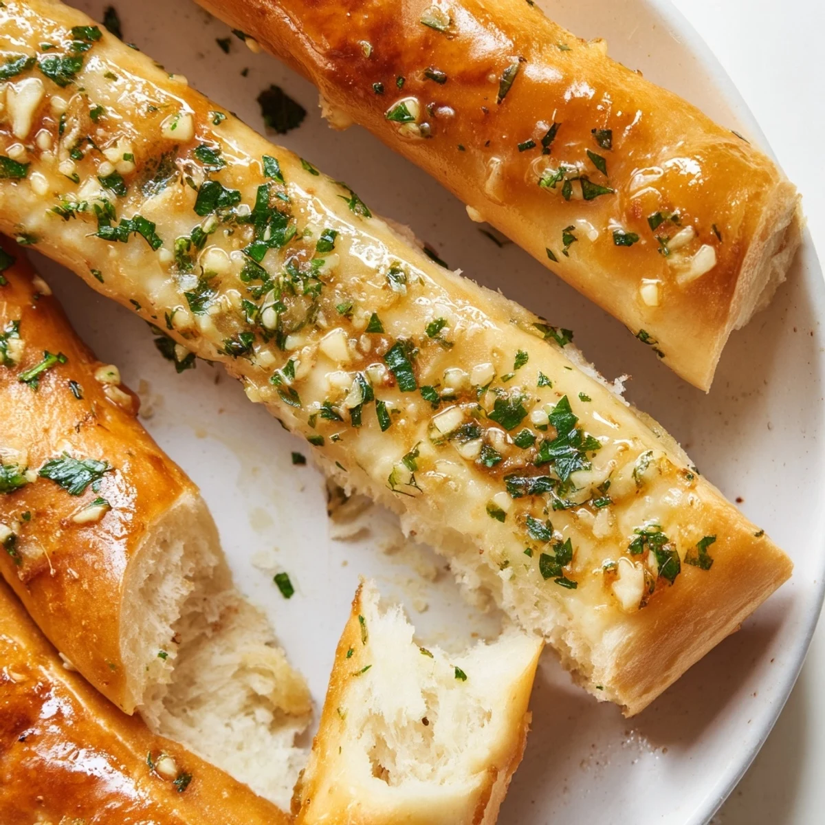 Soft Italian-American garlic breadsticks arranged on a baking sheet, perfect for dipping in marinara sauce.