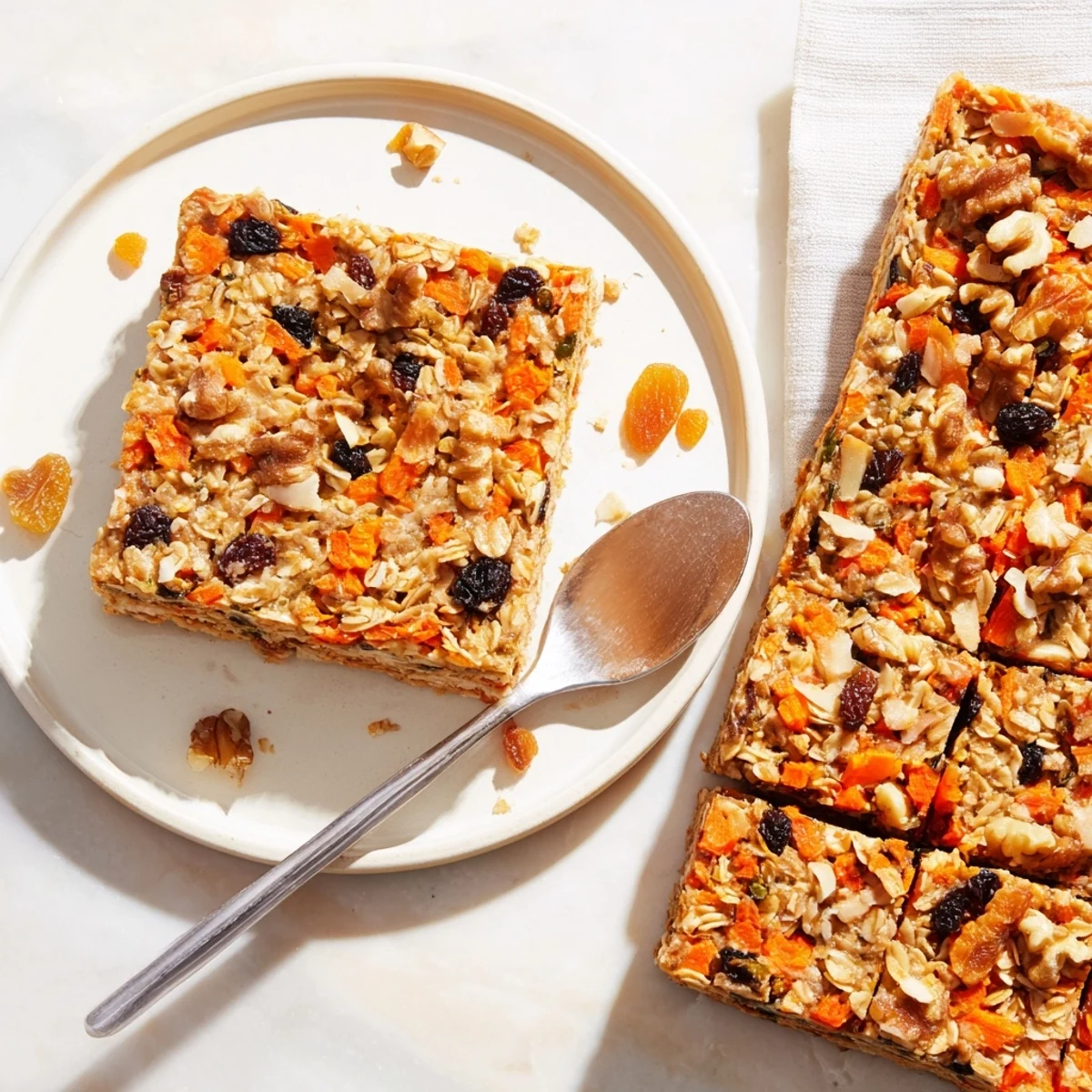 Warm square of spiced carrot cake baked oatmeal served with maple syrup drizzle