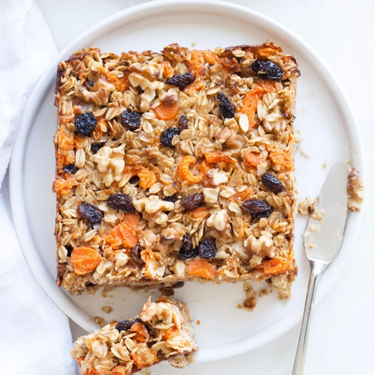 Golden brown carrot cake baked oatmeal topped with chopped walnuts and grated carrots