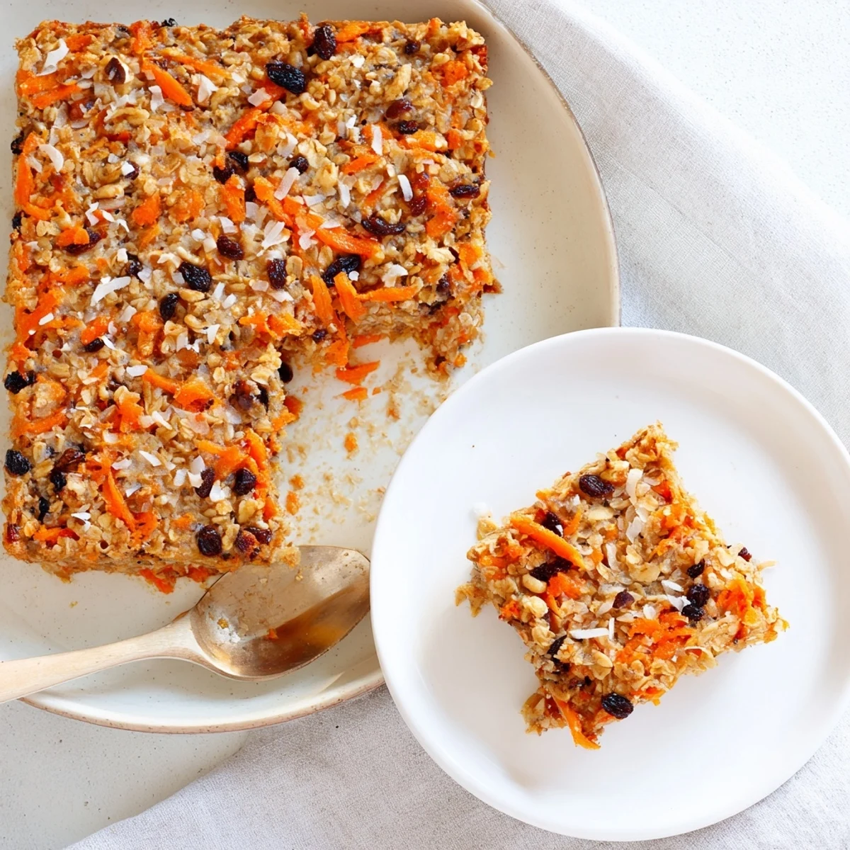 Fluffy oatmeal bake studded with sweet raisins and fragrant cinnamon carrot shreds