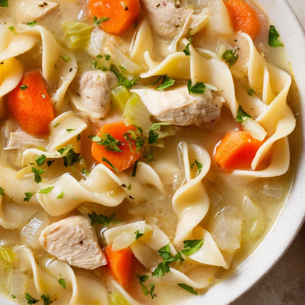 Steaming bowl of one pot chicken and noodles featuring tender meat and egg noodles in savory broth