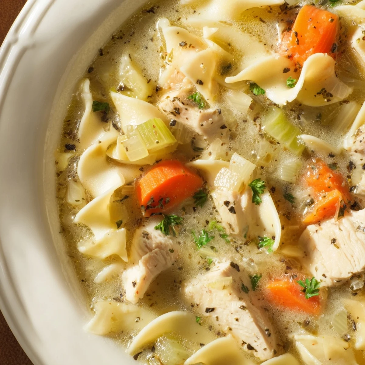 Golden chicken pieces nestled among wide noodles and vegetables in this comforting one pot chicken and noodles dish