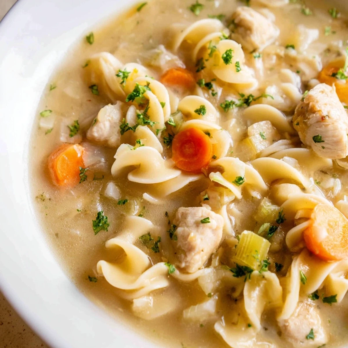 Creamy one pot chicken and noodles topped with fresh parsley in a rustic serving bowl