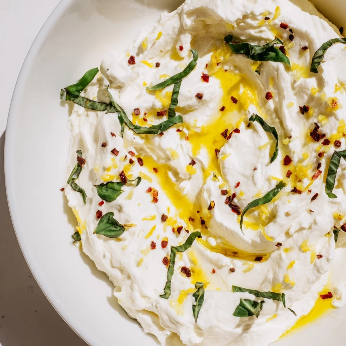 Creamy whipped ricotta topped with fresh herbs and lemon zest on white serving bowl