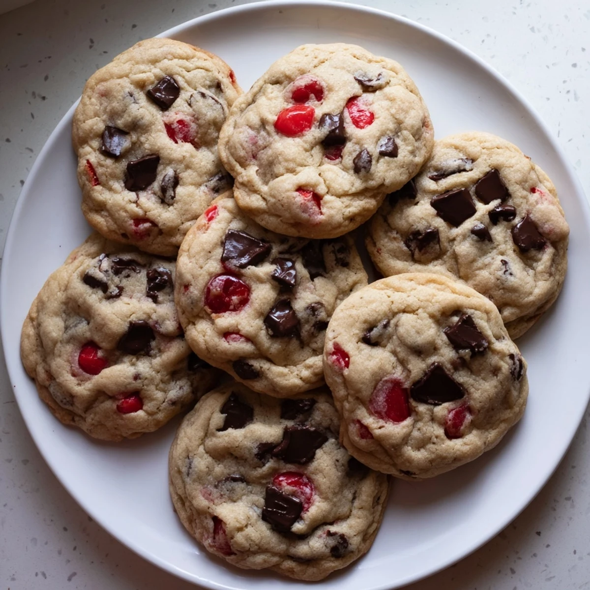 Golden maraschino cherry chocolate chip cookies cooling on a wire rack with melted chocolate chips and bright red cherry pieces visible throughout