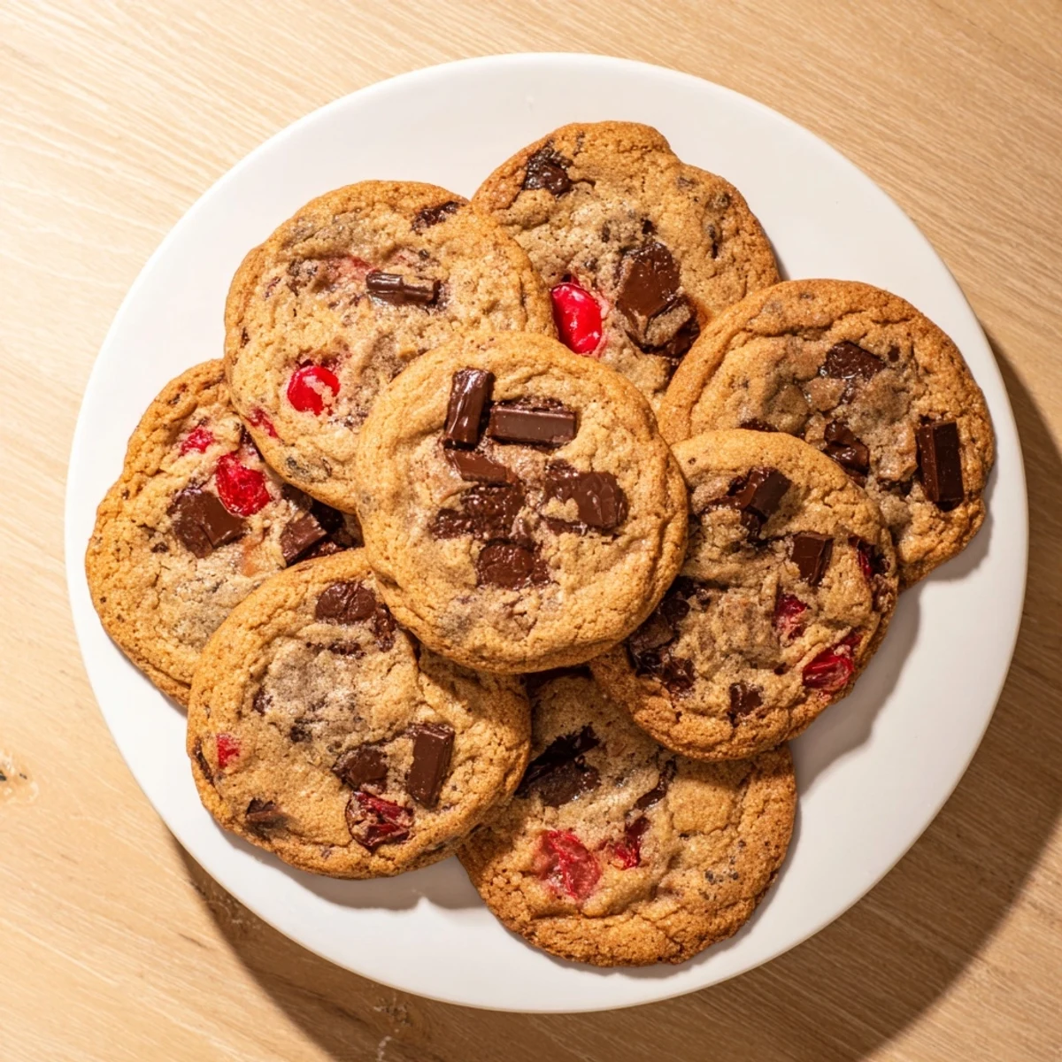 Freshly baked maraschino cherry chocolate chip cookies on a wooden board showcasing soft dough with scattered semi-sweet chocolate chunks and juicy chopped cherries