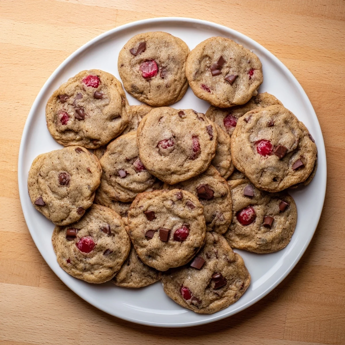 Stack of homemade maraschino cherry chocolate chip cookies on a white plate with gooey chocolate chips and colorful cherry bits shining through