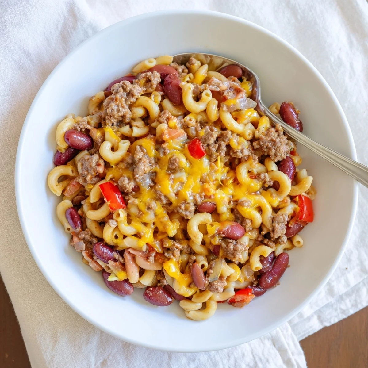 Golden bubbly chili mac and cheese baked in a cast iron skillet with melted mozzarella topping