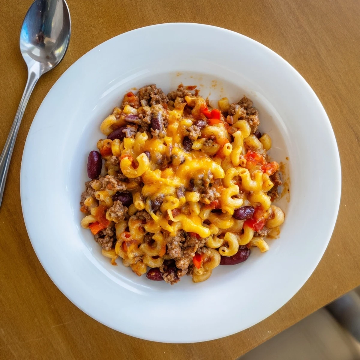 Creamy chili mac and cheese casserole with ground beef, cheddar, and elbow macaroni ready to serve