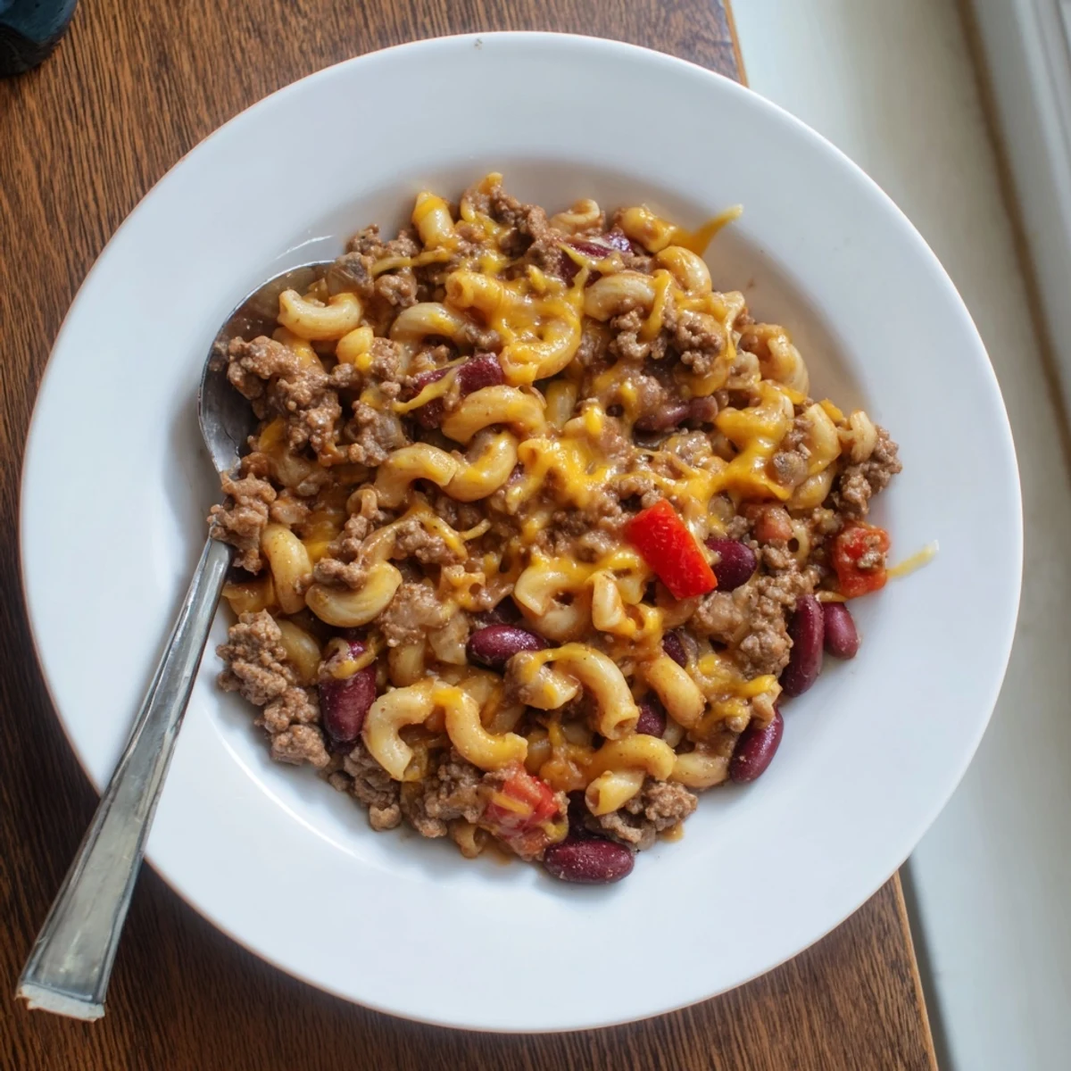 Hearty bowl of chili mac and cheese featuring beef, kidney beans, and pasta in rich tomato sauce