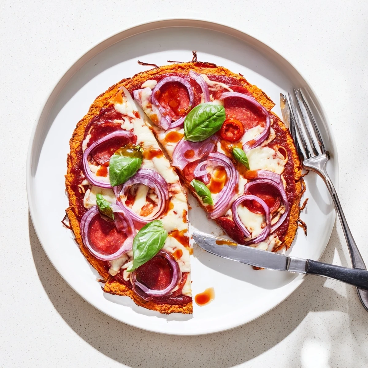 Golden pepperoni hot honey pizza with sweet potato crust features bubbling mozzarella and red onion slices