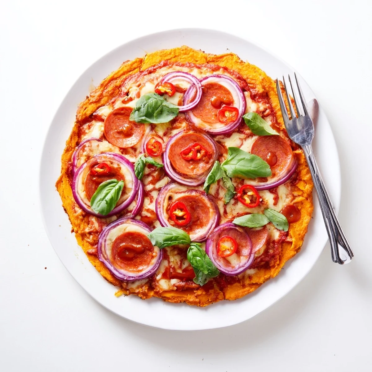 Gluten-free pepperoni hot honey pizza on sweet potato crust drizzled with spicy honey and fresh basil